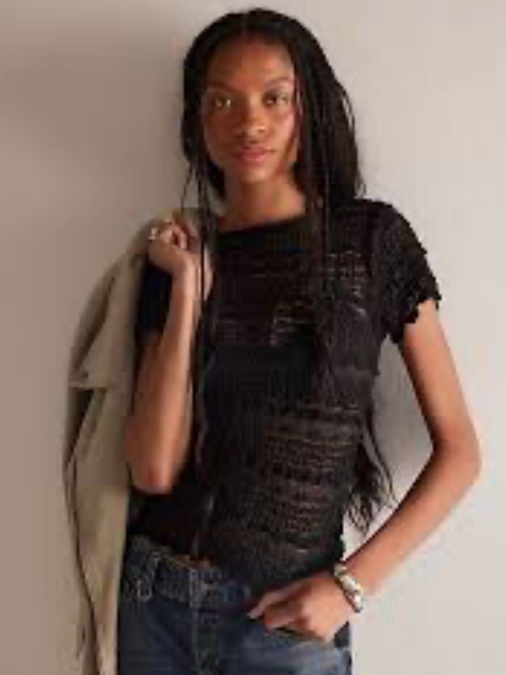 Free People Angelina Lace Tee Black Sheer Mesh Mock Neck Top Medium